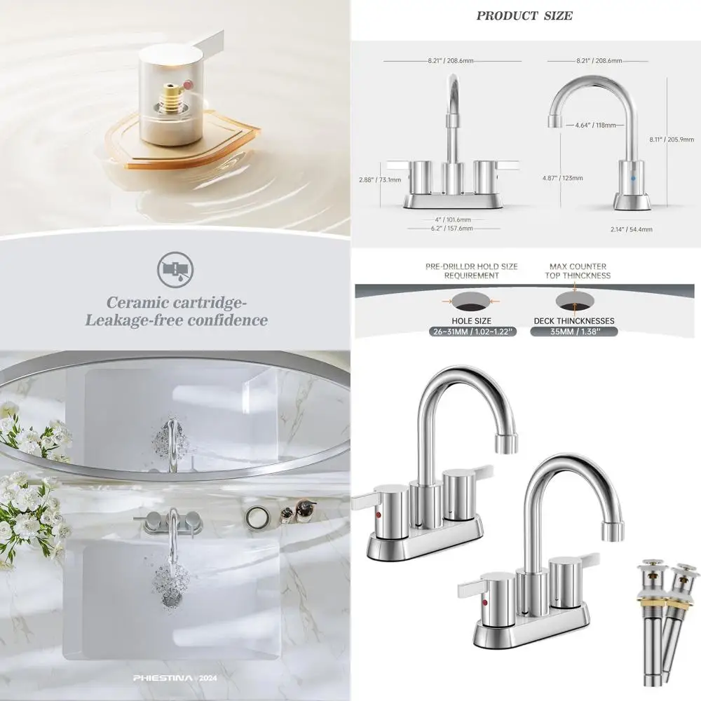 

2-Pk Chrome 4 Centerset Bathroom Faucets with Swivel Spout, 2-3 Holes, Copper Drain & Water Lines