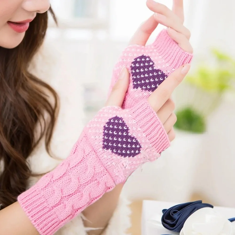 Long Fingerless Gloves Women‘s Mitten Winter Arm Warmer Knitted Arm Sleeves Girl’s Open Half Finger Love Heart Gothic Gloves