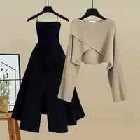 Spring and Autumn Set Women's 2023 New Korean Fashion Cross Knitted Sweater Age Reducing Sling Dress Two Piece Set - Image 2