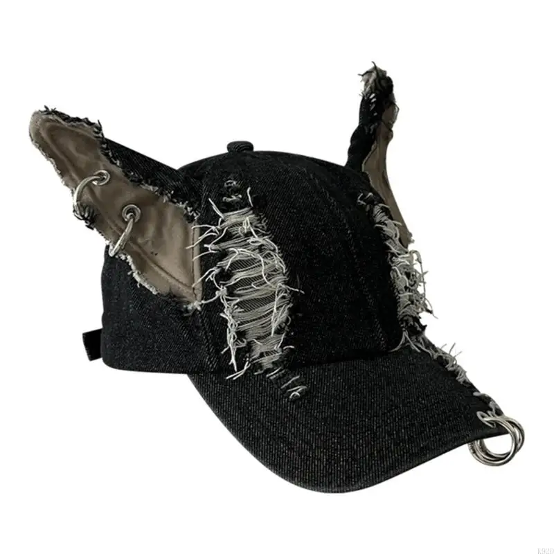 K92D Distressed Dog Ear Baseball Hat 2000s Vintage Baseball Hat Breathable Hat Long Brims Hiphop Dancing Hat for Adult