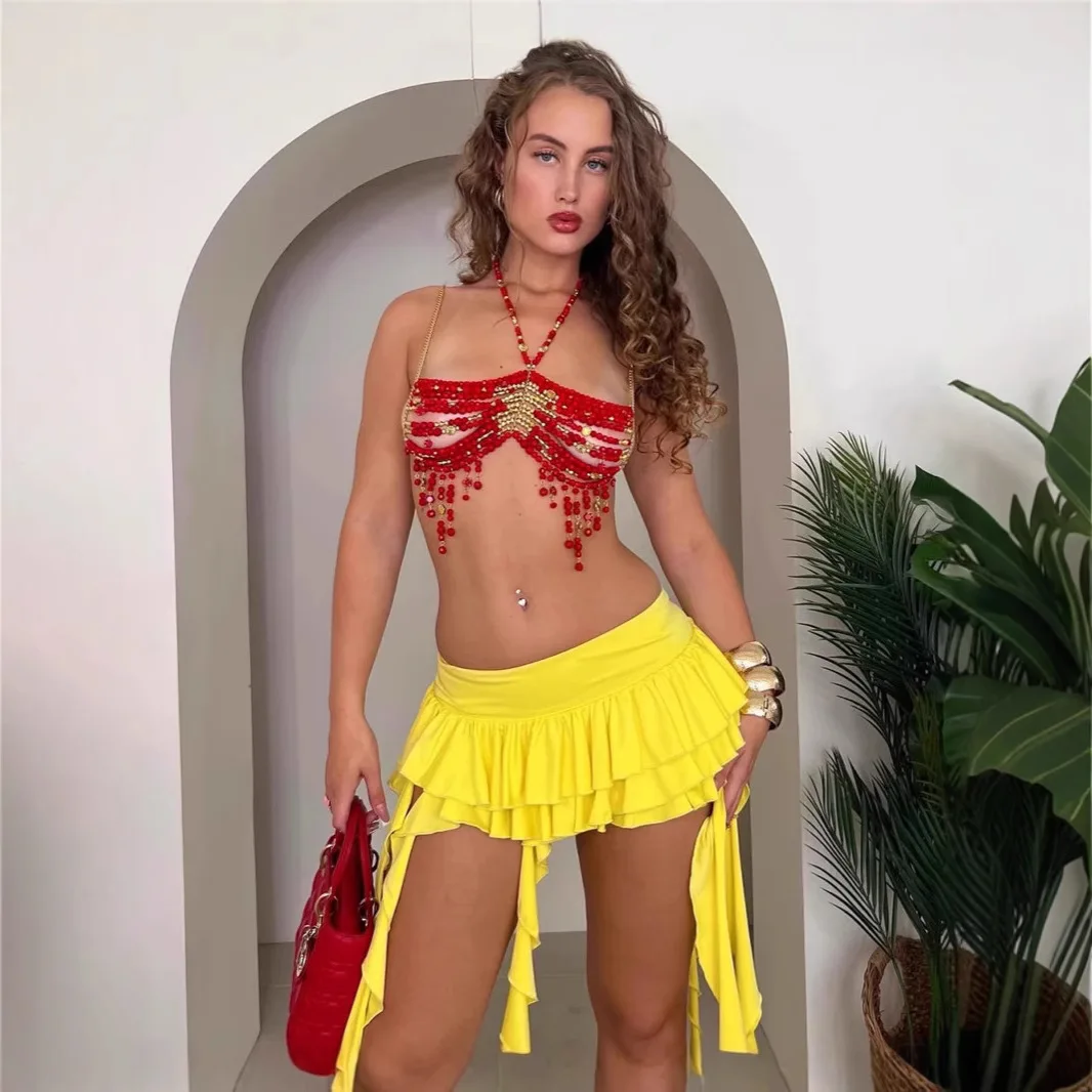 

Red Beaded Tassel Body Chain Bra Sparkly Festival Rave Halter Top Sexy Belly Dance Jewelry Harness Statement Costume for Women