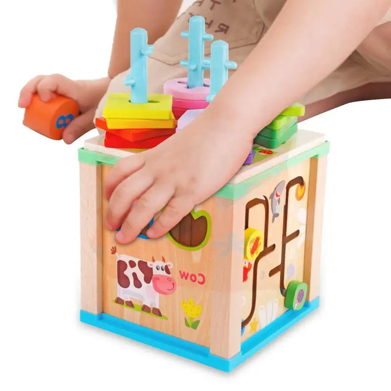 Wooden Activity Cube Wooden Activity Center Fine Motor Skills Montessori Shape Recognition Matching Box Early Educational Toys