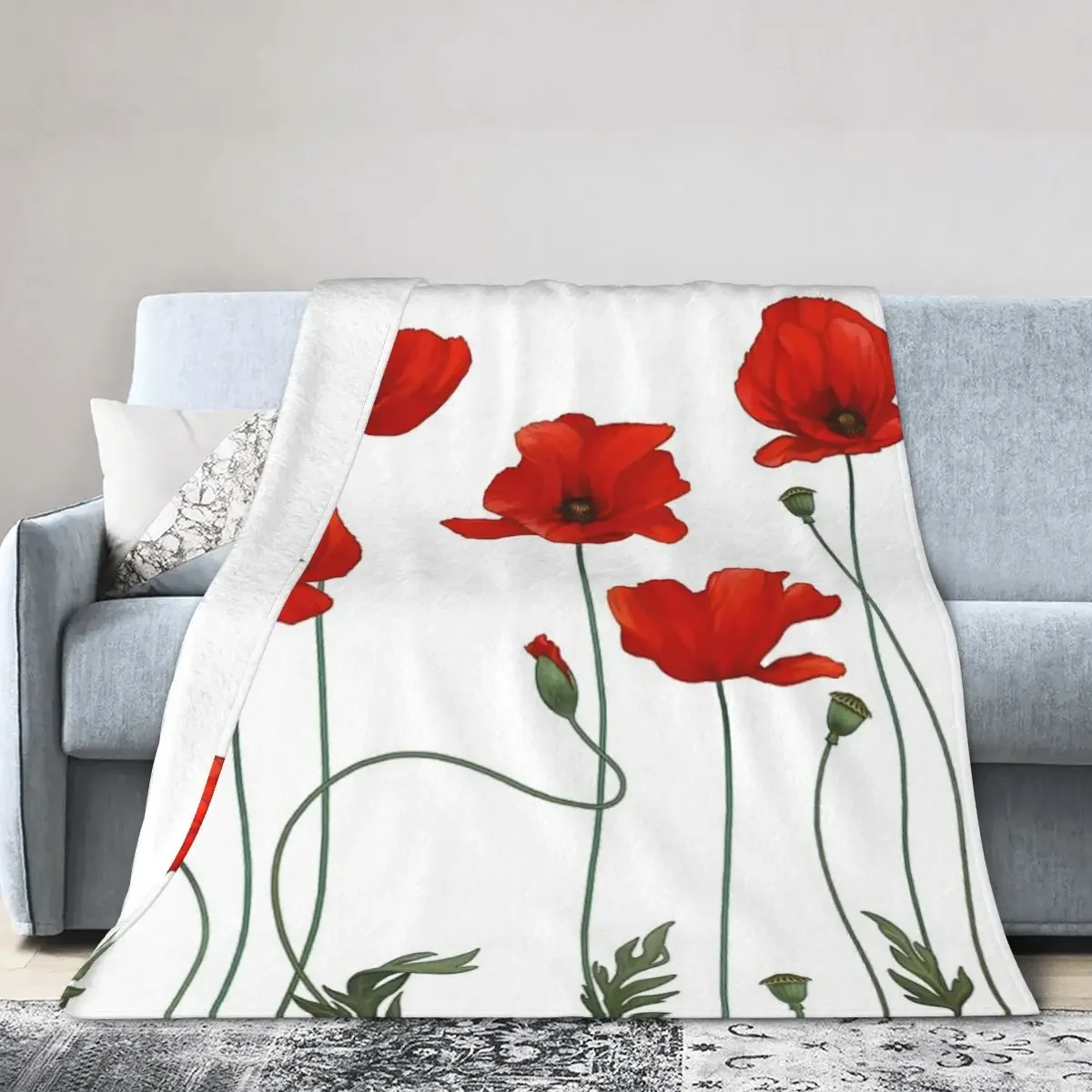 Flannel Throw Blanket Poppy Stems Blankets Soft Bedding Warm Plush Blanket for Bed Living room Picnic Travel Home Sofa