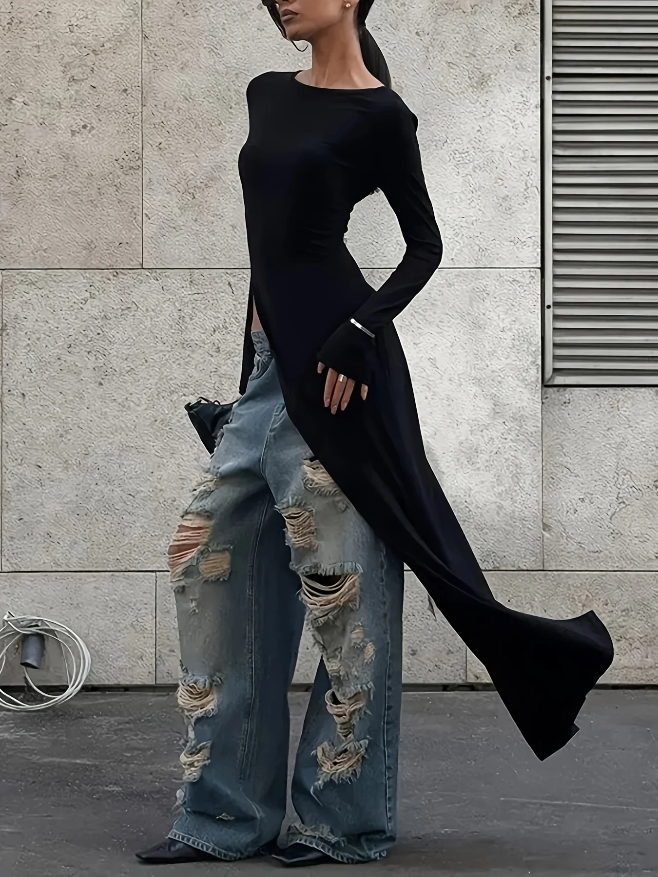 Women's Long Sleeve Maxi T‑Shirt High Slit Bodycon Top Round Neck Slim Fit Streetwear Long Blouse For Women