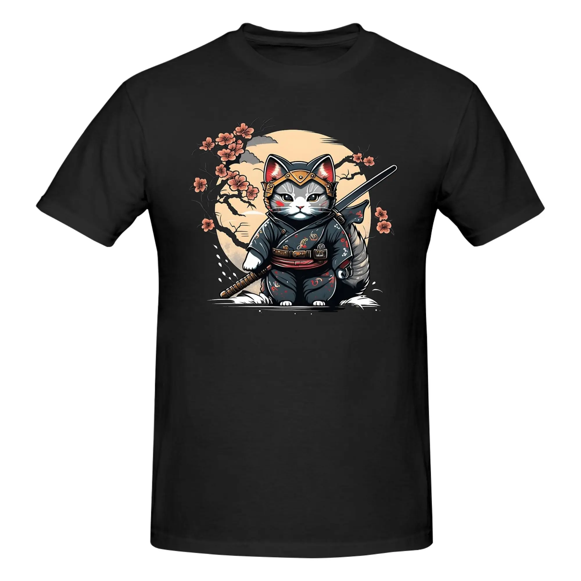 1 Piece Ronin Warrior Novelty 100% Cotton T-Shirt Samurai Cat Tees Tops For Men