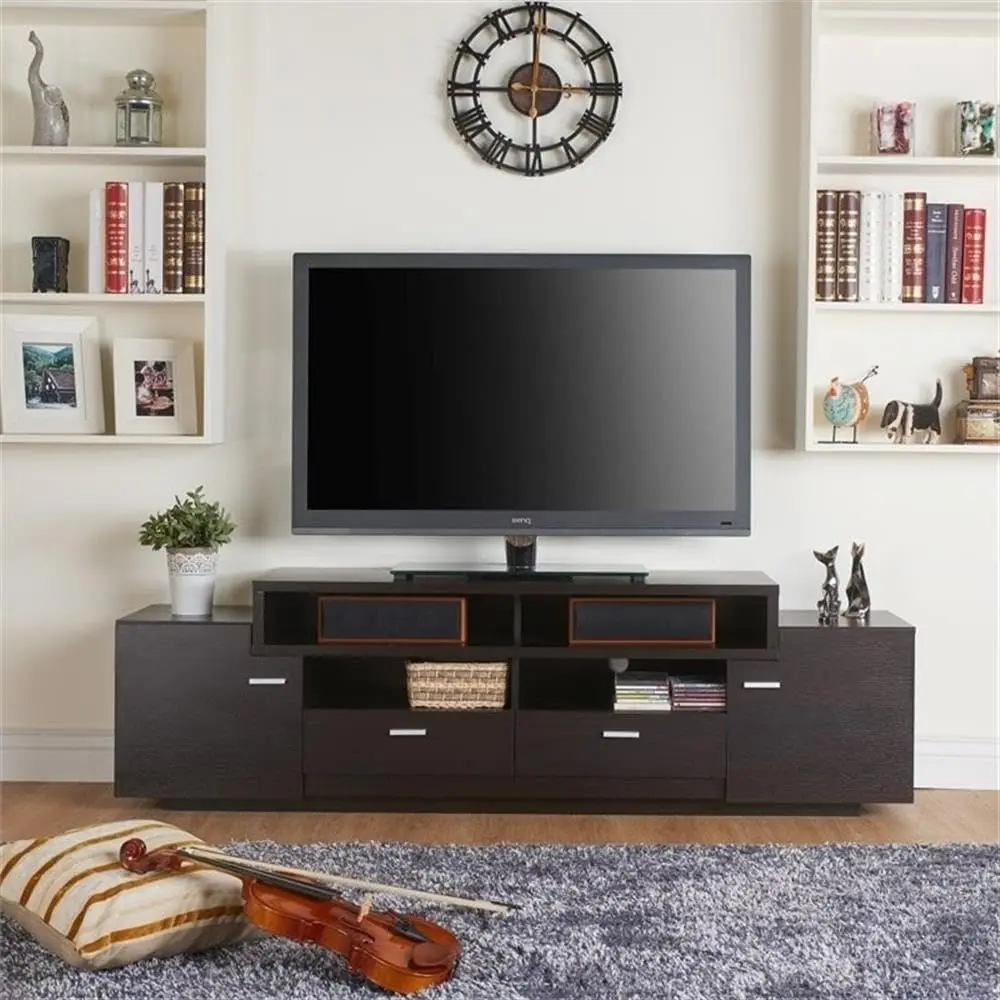 Contemporary Wood TV Stand 72in Cappuccino 2 Cabinets 2 Drawers 4 Shelves Living Room TVs up to 72in, Customized