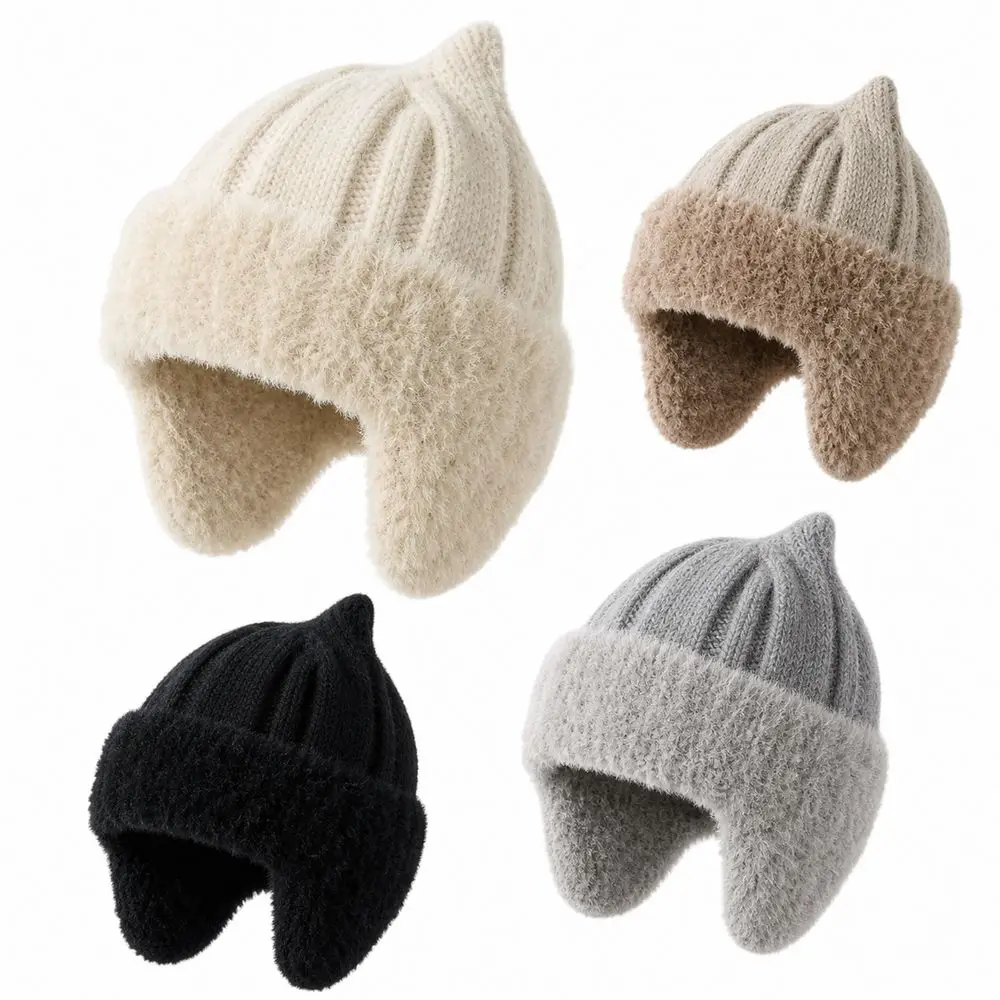 Knitted Fabric Winter Earflap Hat Ribbed Knit Lining Knit Earflap Beanie Soft Stretch Full Ear Coverage Cat Ear Beanie