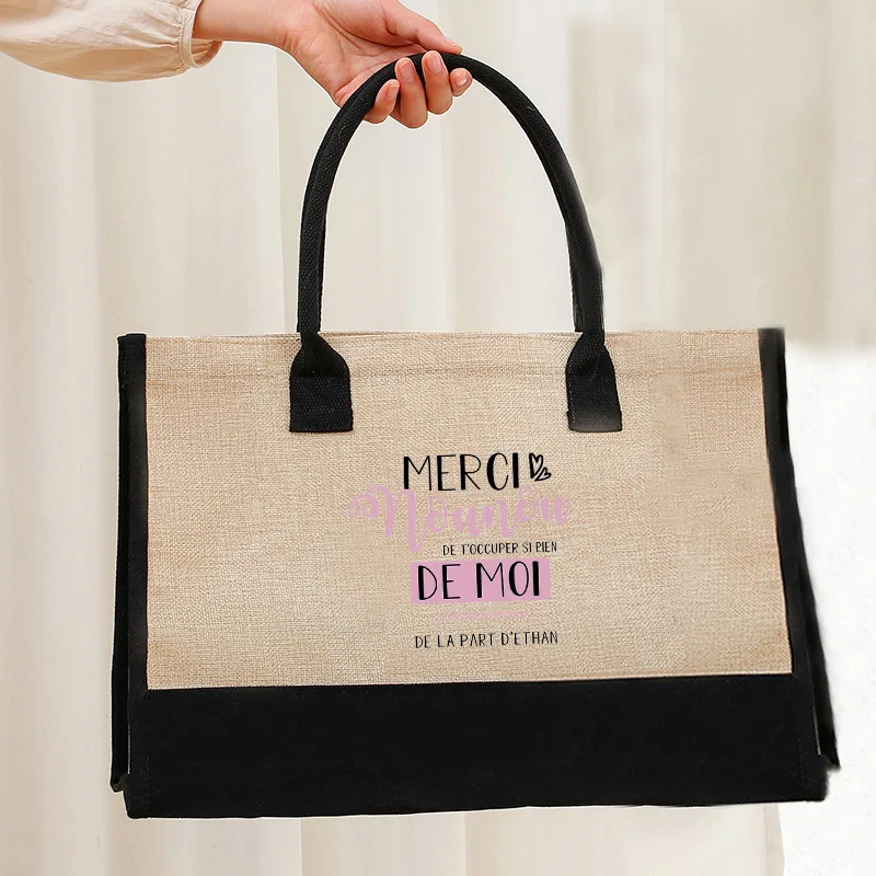 

Burlap Jute Tote Bag Vintage Reusable Grocery Shopping Handbags Fashion Commuting Flax Crossbody Teacher Printing Series