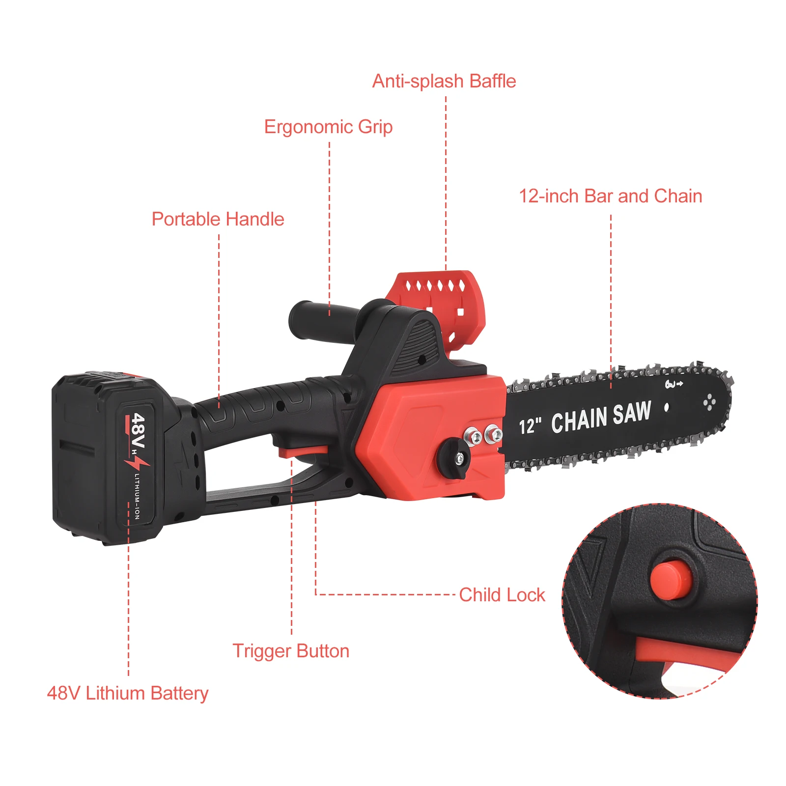 12 inches Cordless Electric Chainsaw with Brushless Motor 48-Volt Lithium-ion Handheld Power Chain Saws with Battery and Charger