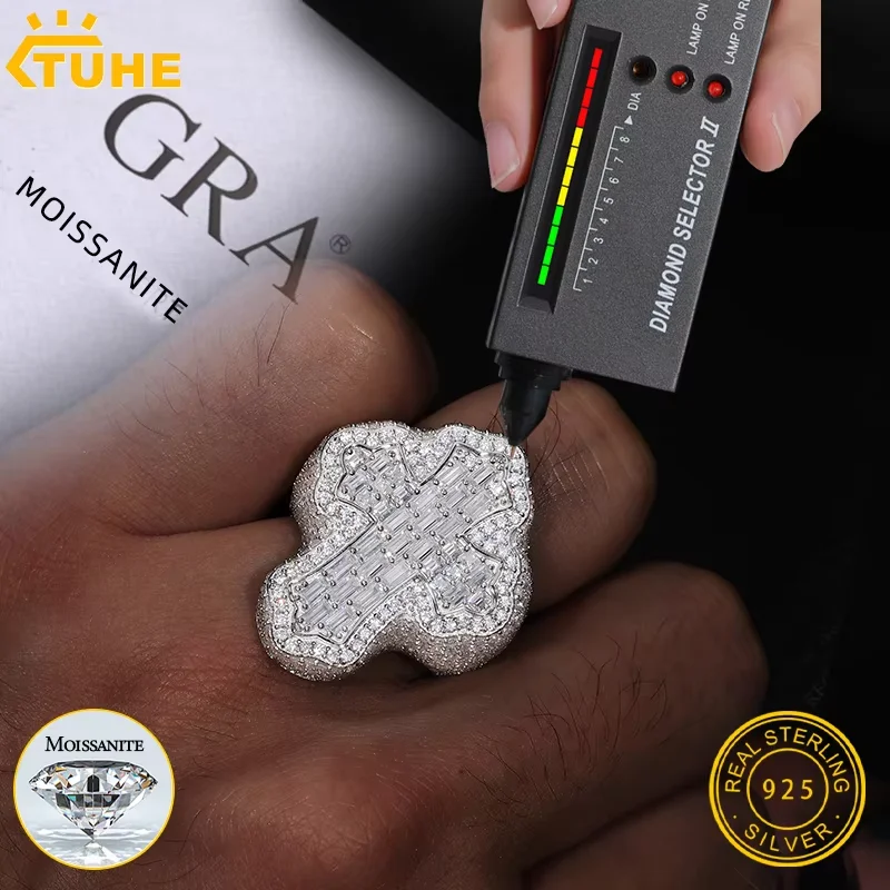 

TUHE Унисекс S925 Серебряные Кольца Iced Out Baguette VVS1 Муассанит Крест Кольца S925 Серебро Для Мужчин Хип-Хоп Ювелирные Изделия Мужские Аксессуары