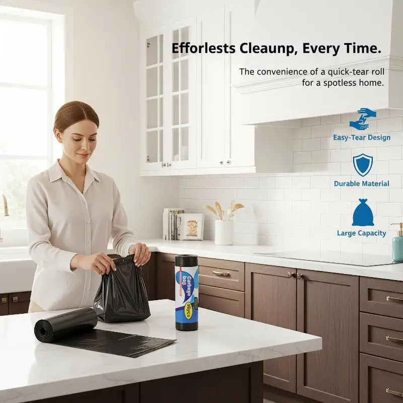 Thickened Disposable Black Garbage Bags 50 PCS/Roll Tear Proof Leak Resistant Heavy Duty Trash Liners for Household Use