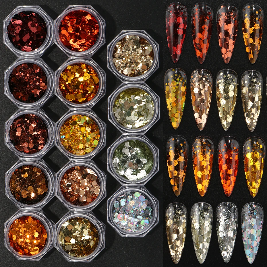 กลิตเตอร์ตกแต่งเล็บ 14 ชิ้น สีแดง ทอง เงิน โฮโลแกรม แบบ 3 มิติ รูปทรงหกเหลี่ยม ประกายวิ้ง แบบเมอร์เมด สำหรับตกแต่งเล็บ