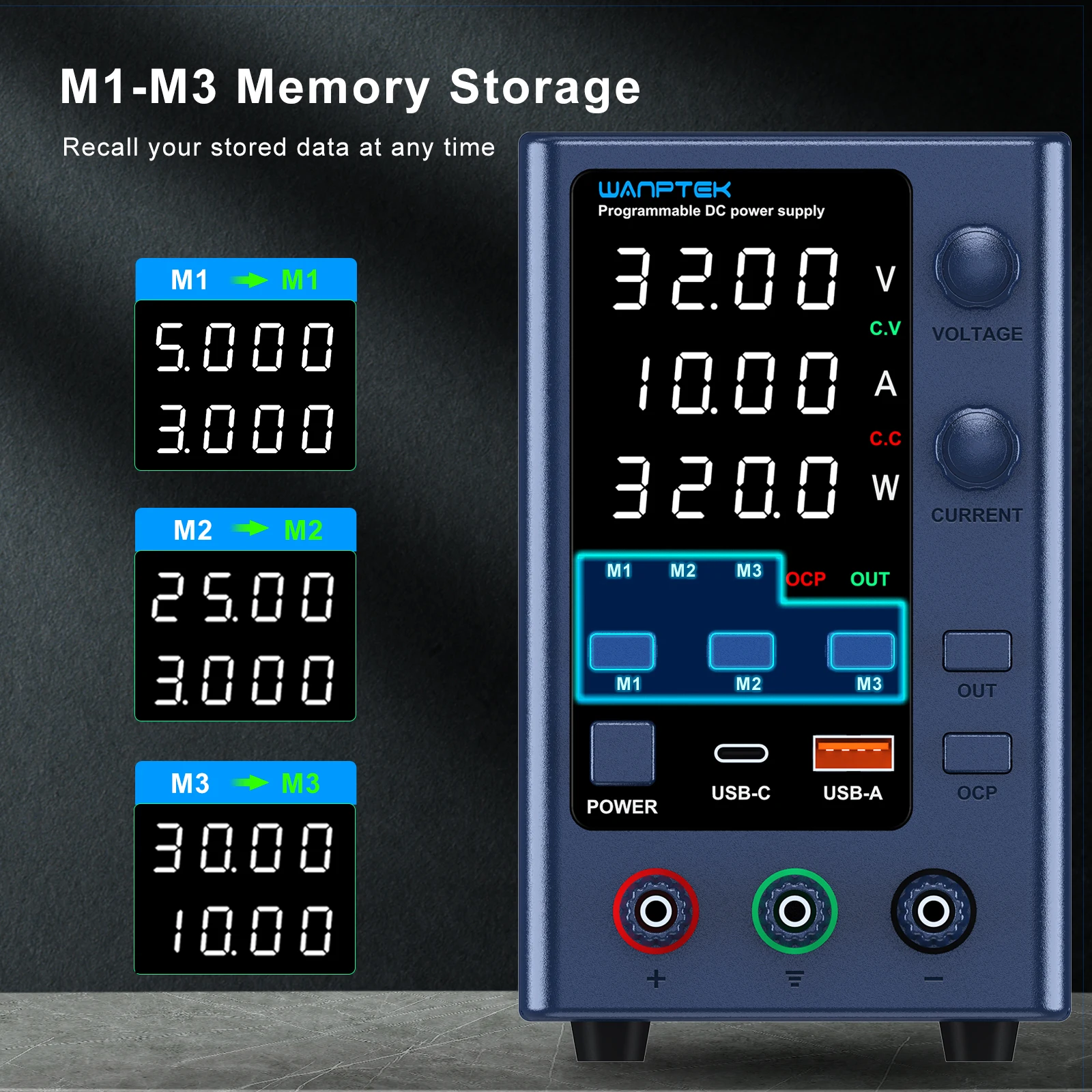 Imagem -02 - Wanptek-fonte de Alimentação dc Ajustável Carregamento Rápido com Display Led de Dígitos 5v 3.6a Usb Tape-c Grupos de Memória para Codificador