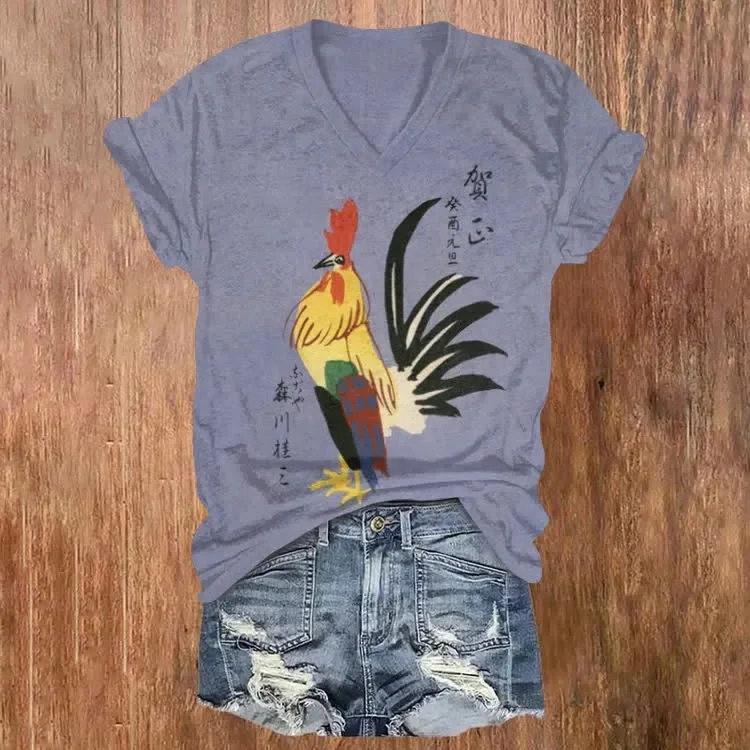 Japanese Art Rooster Print Short Sleeved V-neck T-shirt Summer Women's T Shirts view 2