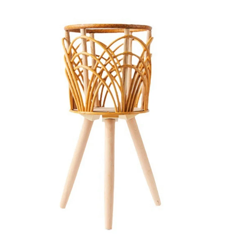 ABYO Rattan Indoor Plant Stand Straw Woven Flowers Pot Holder Stool With Legs Floor Planter Baskets Rack Wooden Plant Shelf B Du