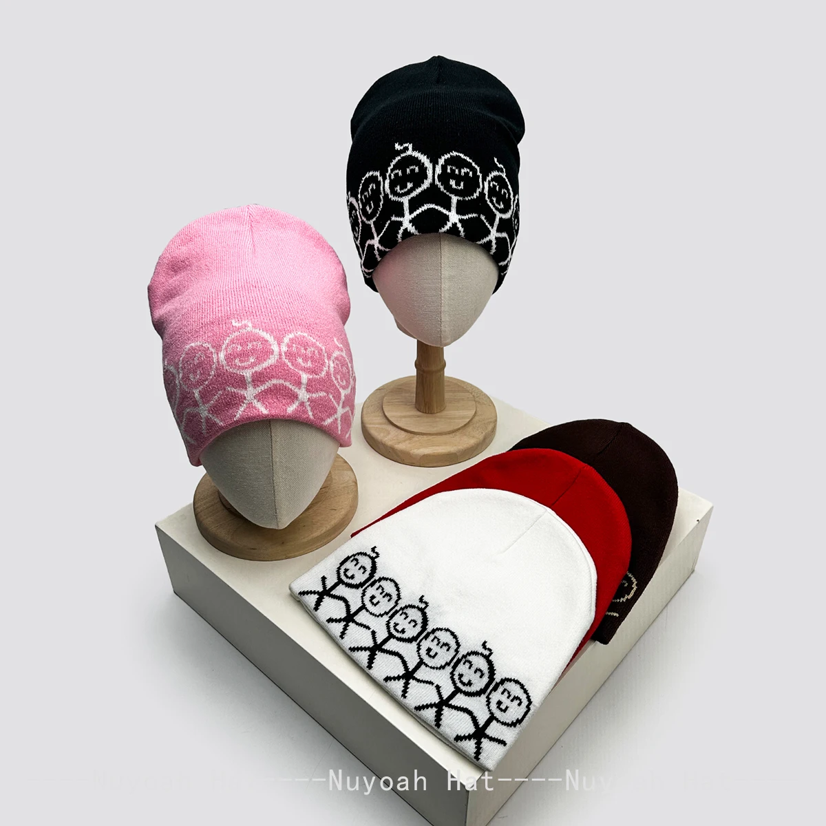 Cartoon Jacquard Stick Figure Beanie Hat for Men And Women Warm Color Block Retro Style Knitted Winter Fashion Casual Outdoor Ca