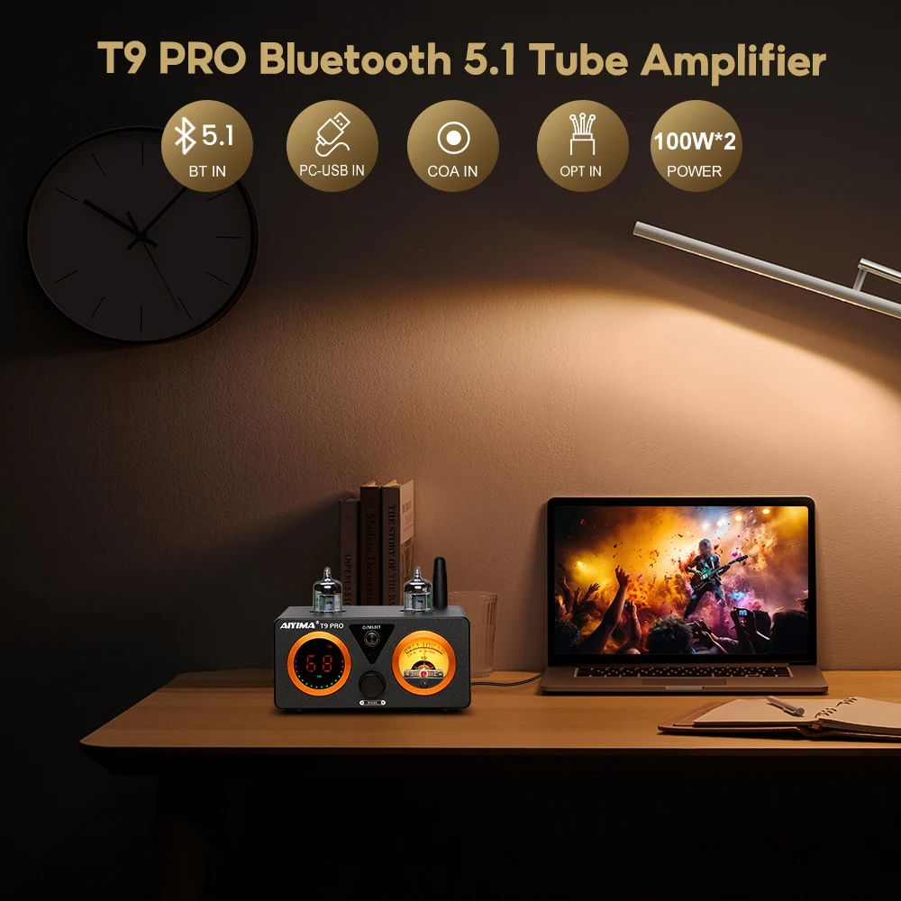 AIYIMA T9 PRO APTX HD Bluetooth Verstärker Audio 100Wx2 HiFi Stereo Power Amplificador USB DAC COAX OPT VU Meter rohr Verstärker – Detail 5