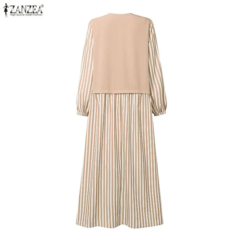 Muslim Women Modest Maxi Dress Patchwork Striped Long Sleeves Bow Detail Abaya Robes ZANZEA Islamic Hijabis Ramadan Eid Kaftan