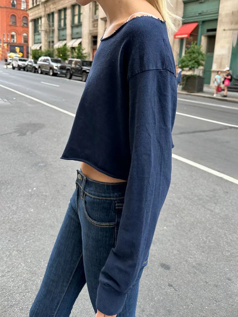 Raw Trim Loose Long Sleeve Cropped T-Shirt Women Autumn Scoop Neck Cotton Tee American Vintage Streetwear Oversized Crop Top Y2k