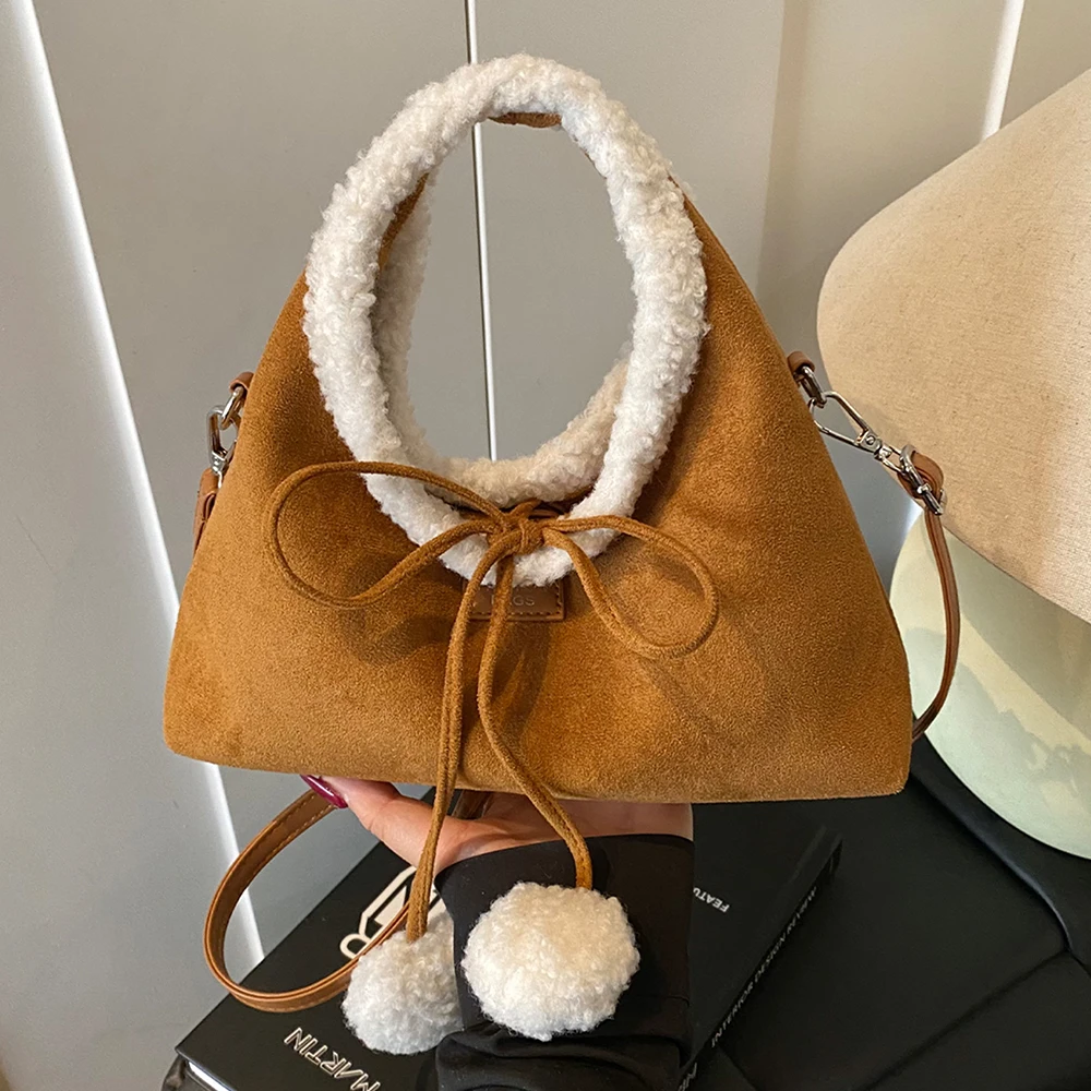 

Замшевая сумка через плечо из овечьей шерсти в стиле пэчворк, осенне-зимние мягкие модные сумки, женские универсальные сумки на плечо со шнуровкой и бантом