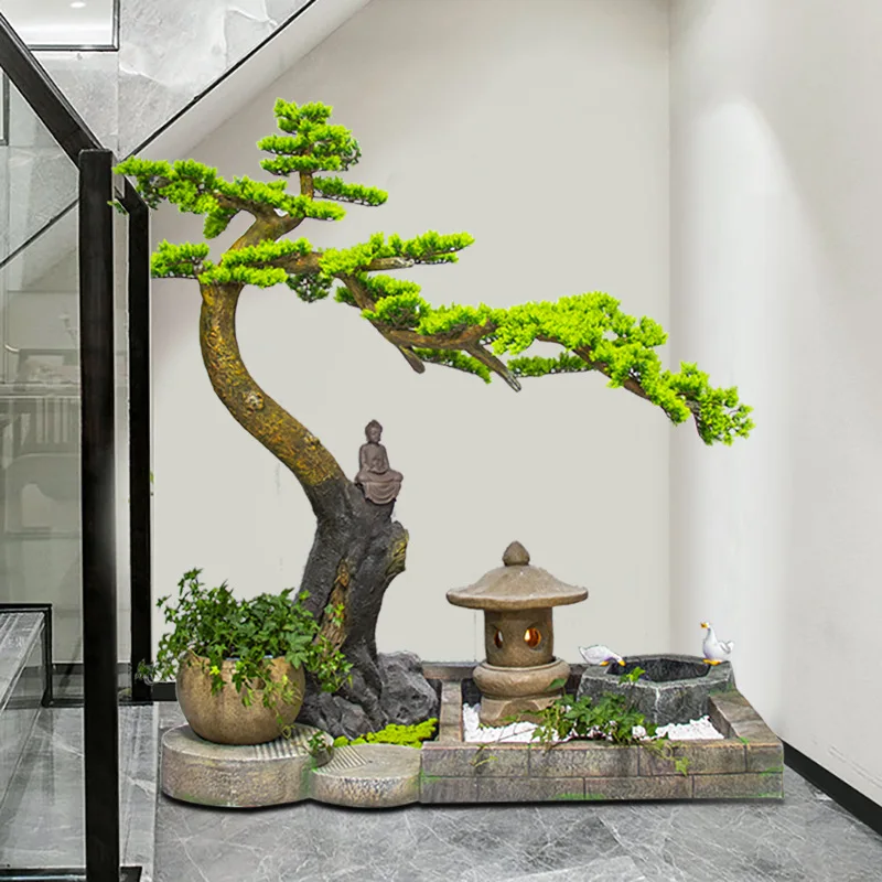 Welcome pine tree under the stairs, indoor landscaping, porch window decoration scene arrangement, floor ornament desi