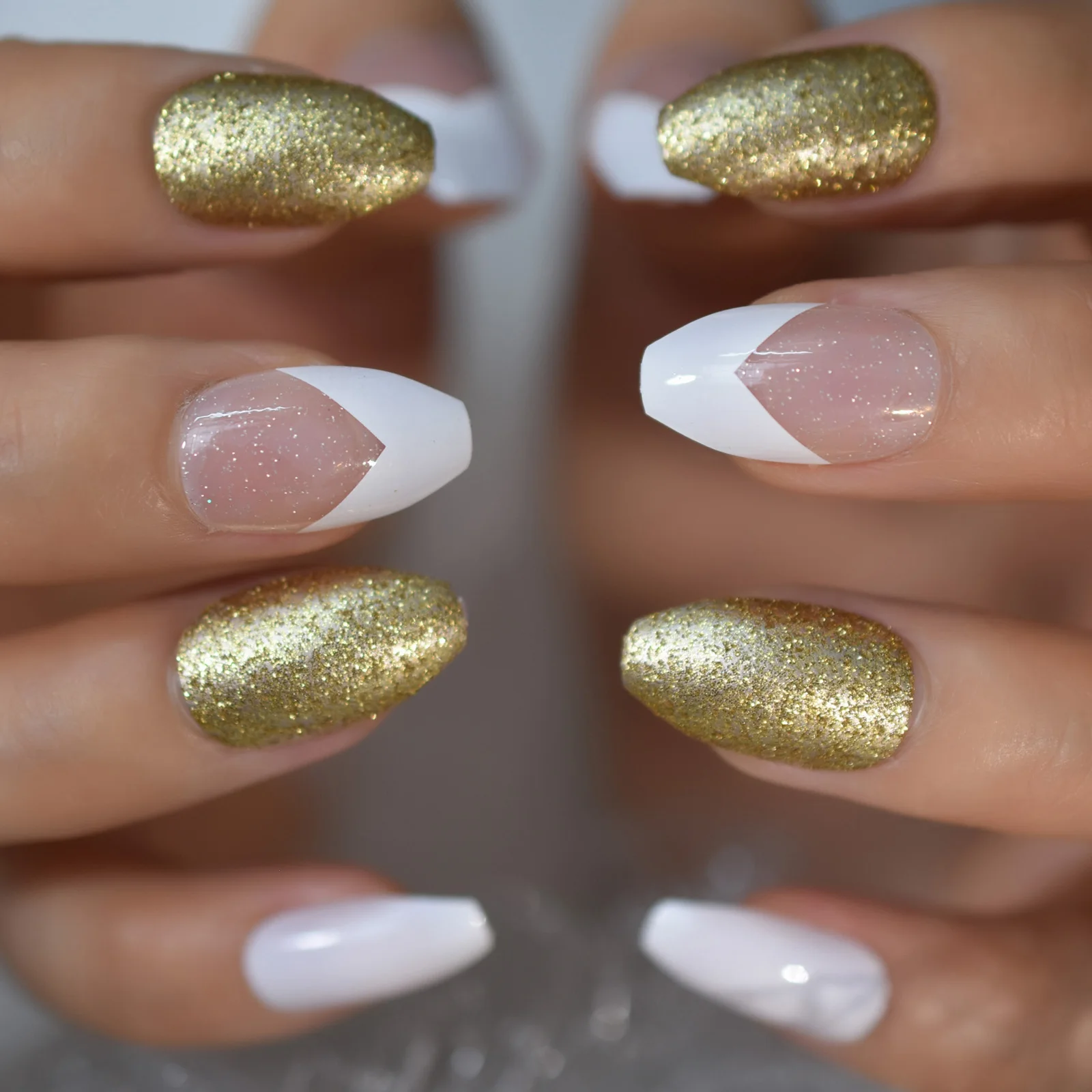 Branco francês bailarina caixão unhas falsas ouro glitter esculpido claro manicure imprensa em unhas falsas dicas diário escritório dedo wear