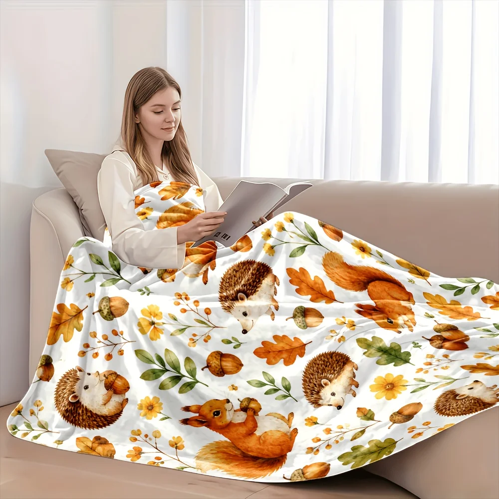 1pc Autumn Forest Squirrel Hedgehog Flannel Blanket, Premium Ultra Soft Warm Cozy Comfort, Heavyweight 280GSM Quality, Machine Washable for Easy Care, Multi-Size, for Bedroom Sofa Home Decor Office Dorm & Car, Cozy Winter Throw, Ideal Gift Choice