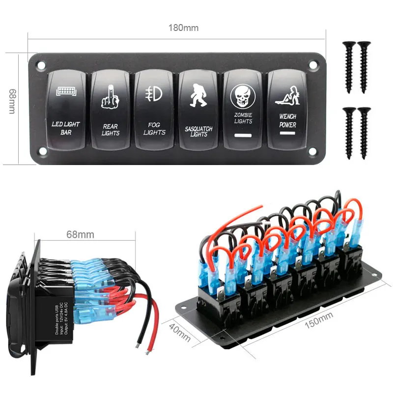 

6 Gang Aluminum Rocker Switch Panel 5 Pin ON/Off Pre-Wired Toggle Switch Panel With Rocker Switch Holder