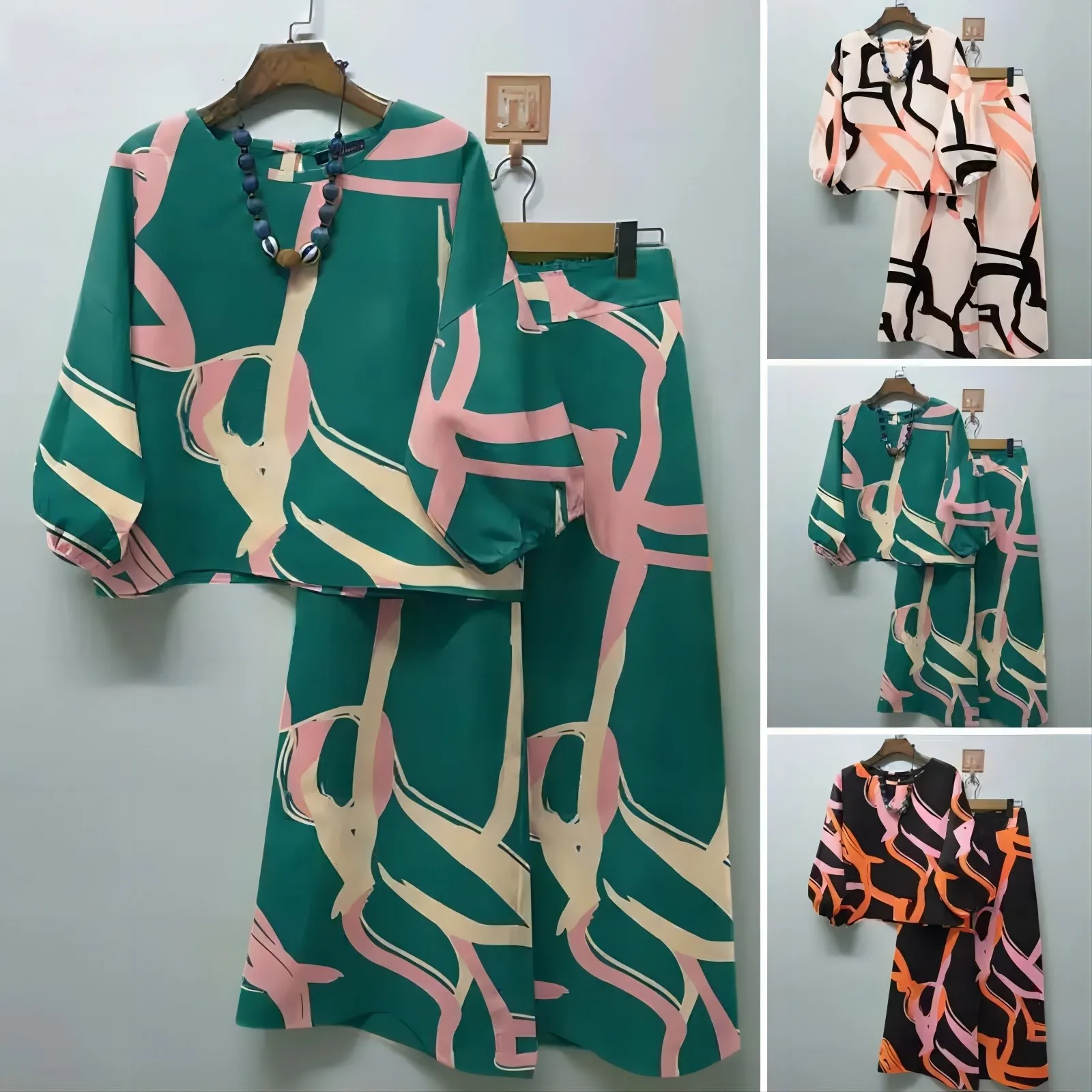 New 2025 Herfst Dames Kleding Round Neck Printed Quarter-sleeved Trousers Loose And Comfortable 2 Piece Sets Women's Outfit Fall