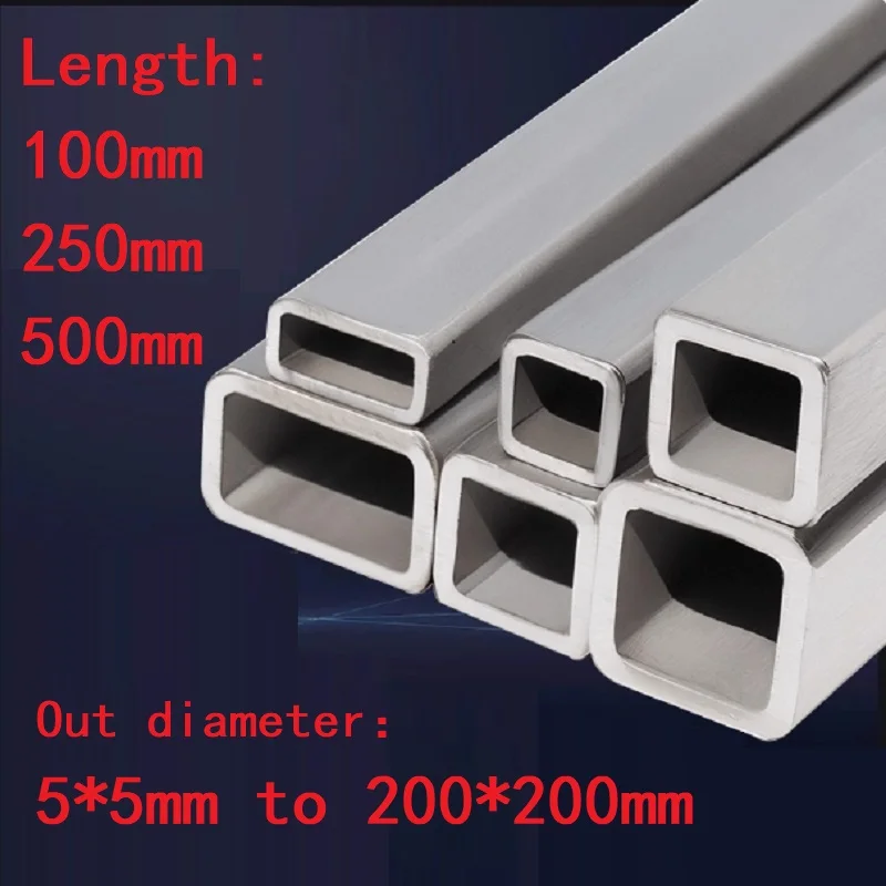 1PC 304 Stainless Steel Alloy Square Tube Pipe Rectangular Tubes Hollow Rod Small Large 5x5-200x200mm Length 100 250 500mm