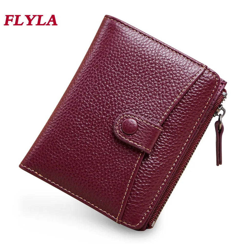 Women Zipper Wallet Short Genuine Leather Wallet Two-fold Thin Wallet Cowhide Buckle Small Coin Purse