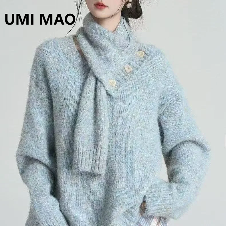 UMI MAO Korean-style Multicolored Blue Knitted Sweater Women Autumn Winter With A Neck Warmer High Collar Loose Fit Soft