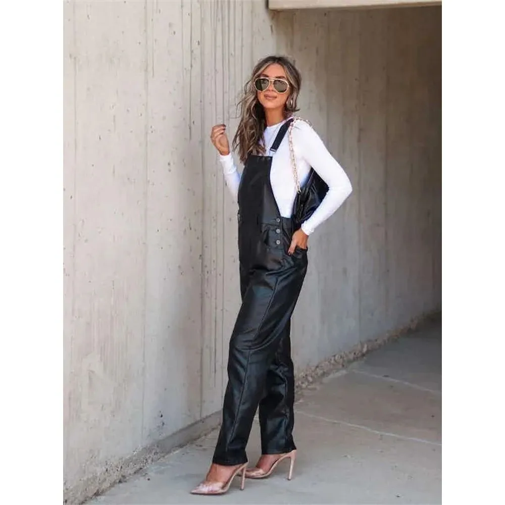 

Origin Women's Leather Bib Overalls Loose Casual Color Low Waist ort Pants 00% Cotton Spring Season Ladies Jumpsuits