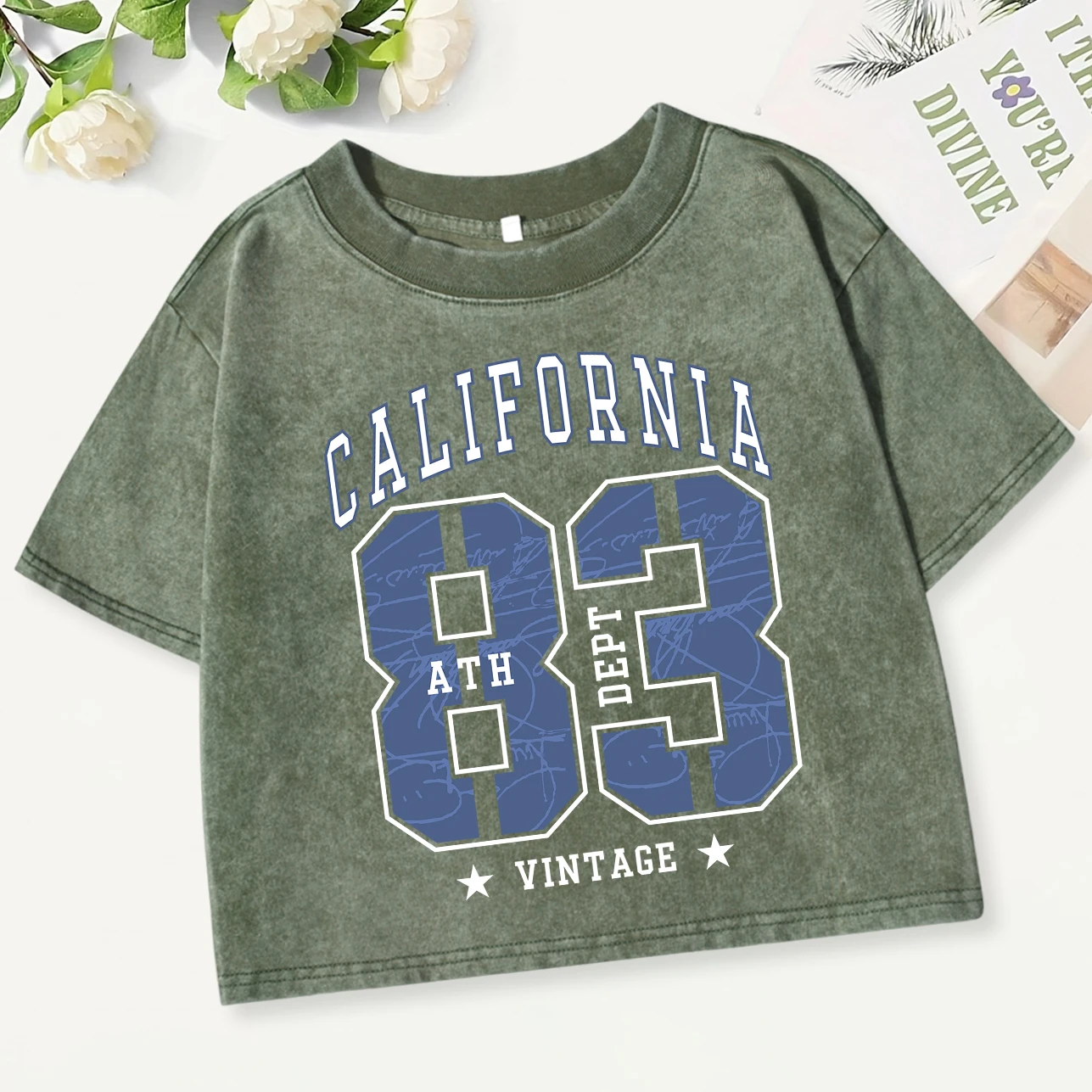 

California 83 Vintage Letterwashed Crop T-Shirt Women Breathable Cotton Soft Short Sleeve Crewneck Clothes Summer Casual Top