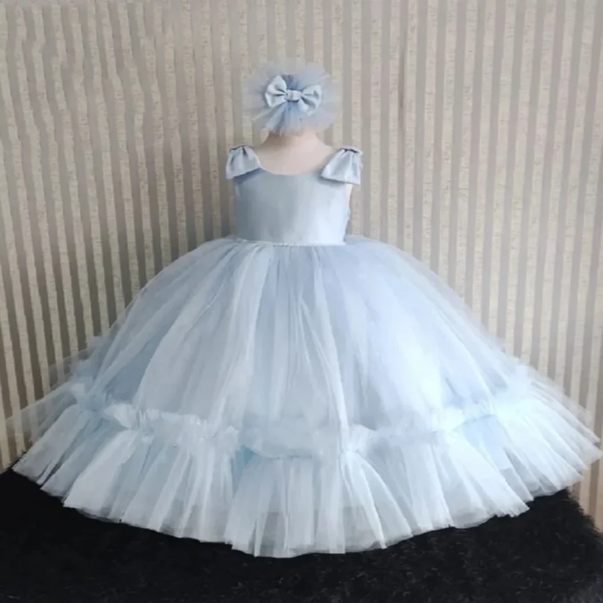 

High Quality Customized Flower Girl Dress For Wedding Puffy Tulle Big Bow Kids Pageant Party First Communion Dresses