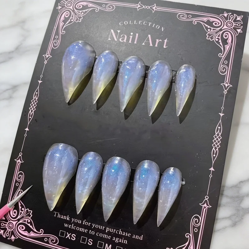 Extra Long Stiletto Clear Aurora Moonlight Press On Nails Iridescent Blue Shimmer Glossy Transparent Minimalist Fairy Reusable F