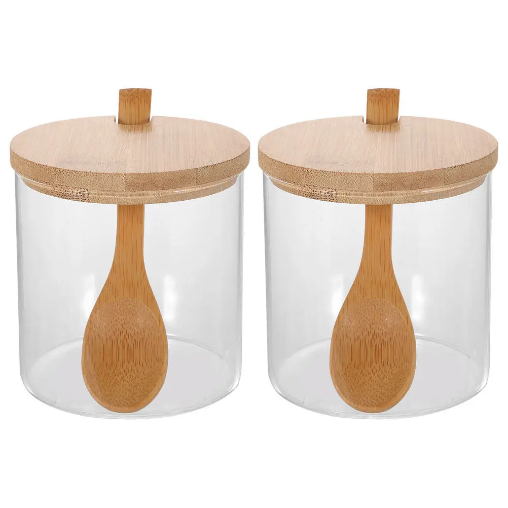2Sets Clear Glass Seasoning Containers with Bamboo Lids and Spoons Food Grade Salt Sugar Spice Storage Jars Kitchen Canister Set