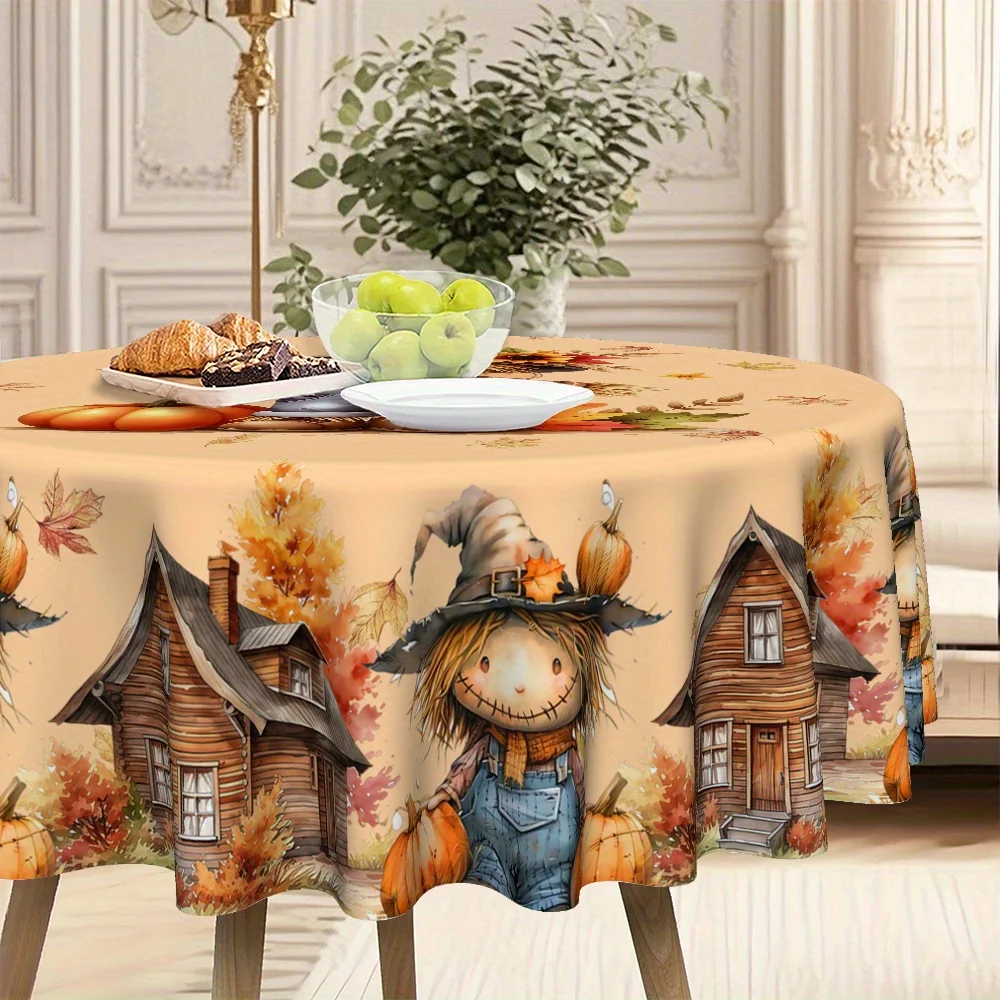 JIT, 1pc Autumn Harvest Thanksgiving Classic Farmhouse Style Strawman Pumpkin Printed Kitchen Dining Round Tableclothzyc