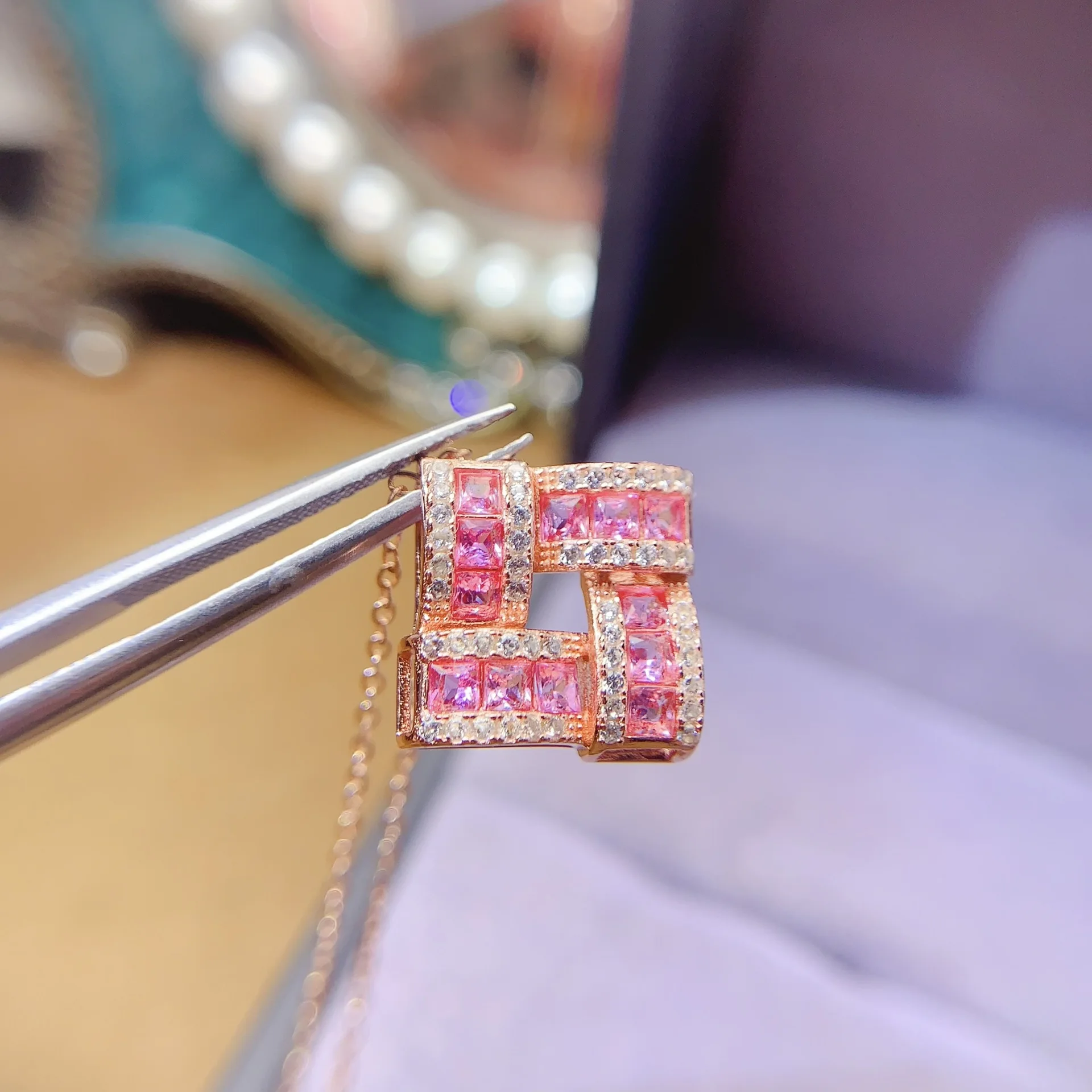 Natural Pink Sapphire Pendant Necklace 2x2mm Rose Gold Plated, S925 Silver Versatile Elegant