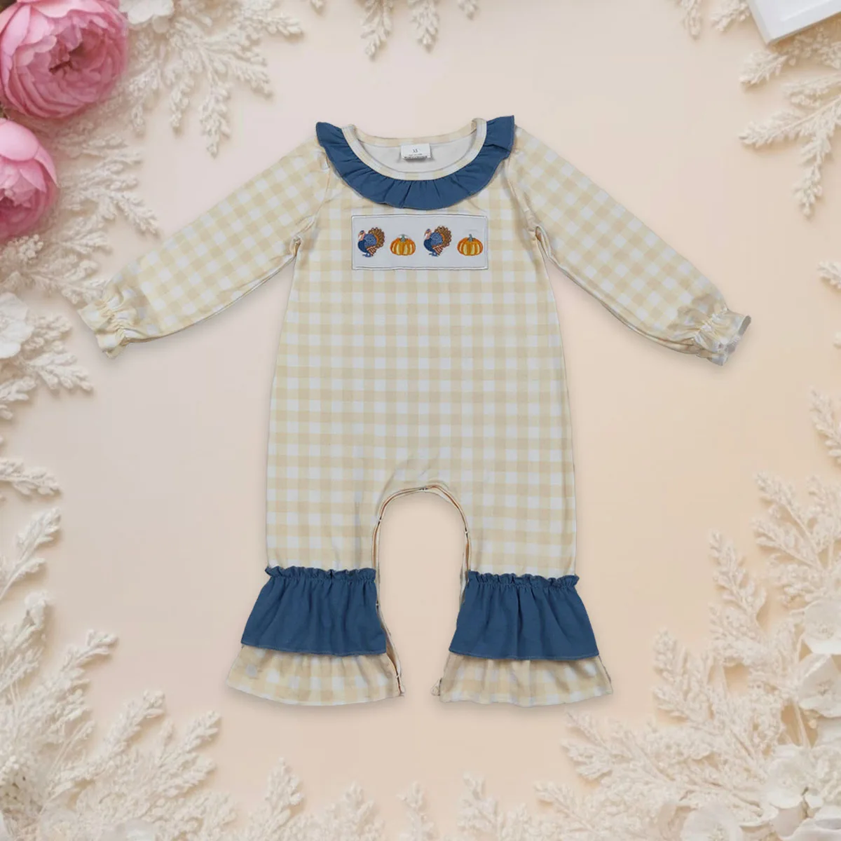 

Newborn Baby Girl Long Sleeve Thanksgiving Romper Kids Children One-piece Embroidery Turkey Pumpkins Toddler Jumpsuit Wholesale
