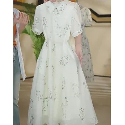 French style printed shirt white chiffon dress women's summer new fashion temperament high sense Joker casual dress.