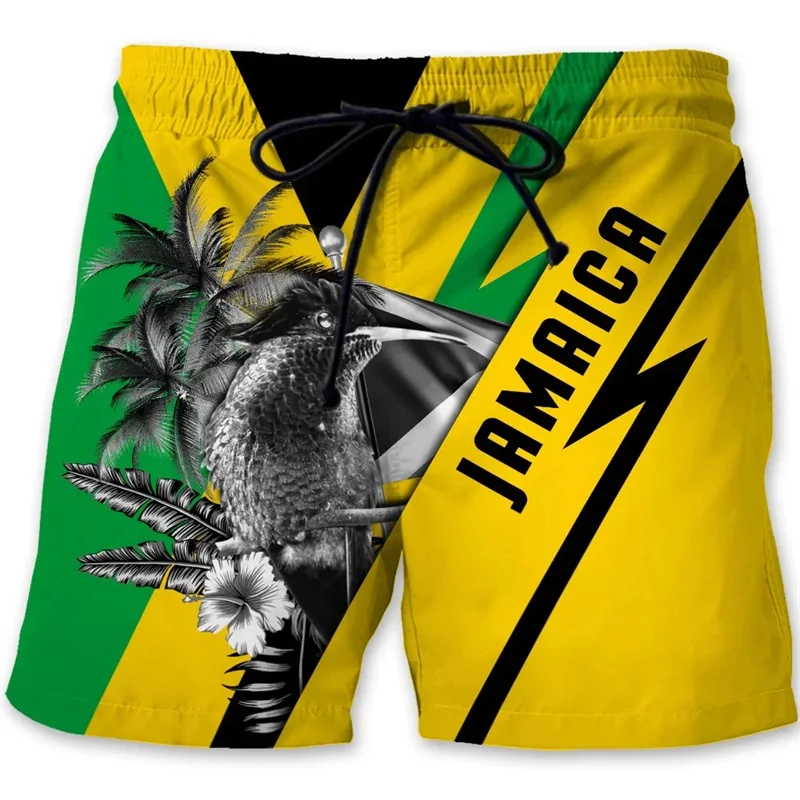 Jamaica Lion Emblem Graphic Beach Shorts For Men 3D Print Jamaican Flag Pattern Hawaii Ice Shorts Summer Mens Swim Trunks