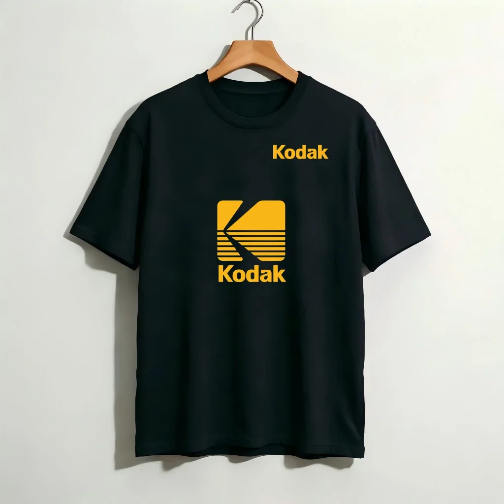 Camiseta de Verano para Hombre con Estampado de Rayas Arcoíris y Logotipo Kodak, Estilo Retro, Cuello Redondo, Manga Corta, Moda Urbana