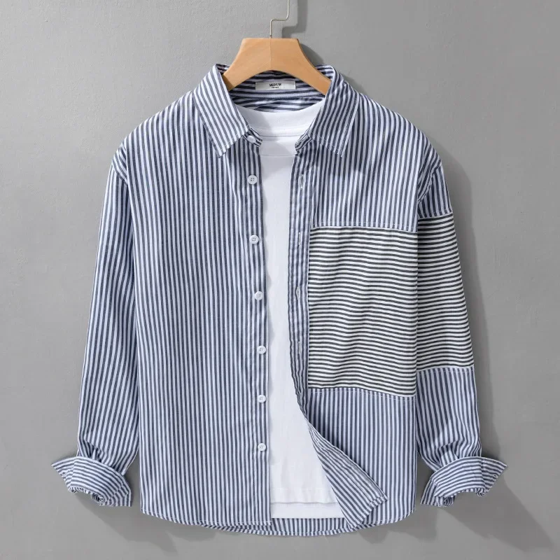 

2025 Spring New Men's Striped Shirts Daily Casual Korean Style Men Clothing Lapel Patchwork Long Sleeve Shirt Man Simple Tops