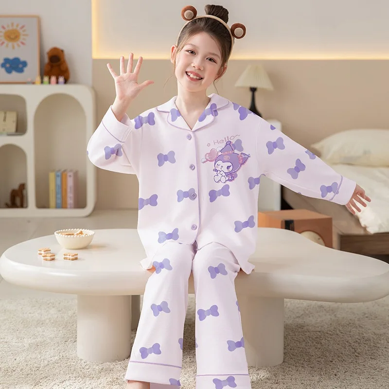 

Sanrio Kuromi's new lapel pajamas for spring autumn long sleeved pure cotton thin design cartoon casual comfortable home clothes