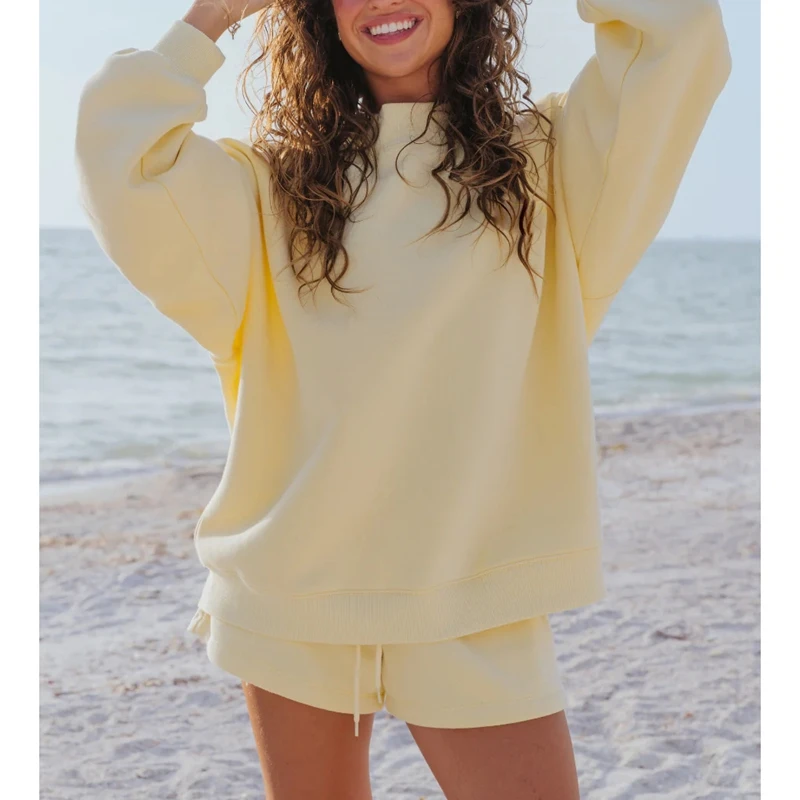Women's Casual Solid Color Outfits Set Ribbed Crew Neck Long Sleeve Sweatshirt with Drawstring Waist Wide Leg Shorts Tracksuit