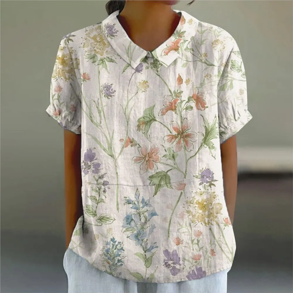 Summer New Printed Short-sleeved O Neck Shirt T Shirt Women Blouse Casual Loose Retro Female Everything With Cotton Linen Blouse