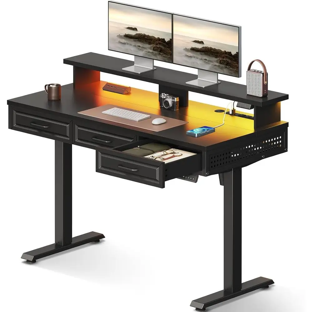 Electric Standing Desk, Black, 3 Wood Desks, Monitor Stand | 3 Outlets & 2 USB Ports, 20 LED Lights, 3 Memory Heights, 29.9-46.1