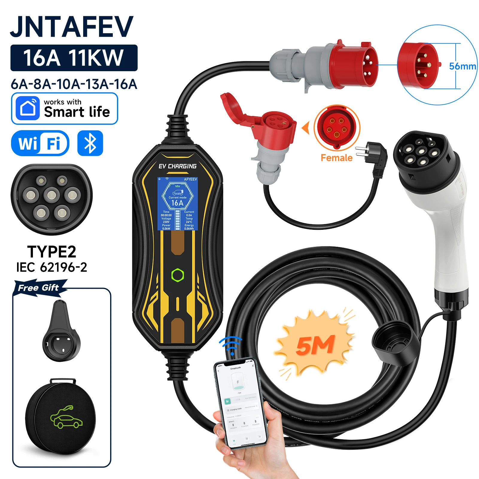 11KW 16A Portable EV Charger Type2 5M Charging Cable WiFi APP Control Wallbox Home Electric Car Charger