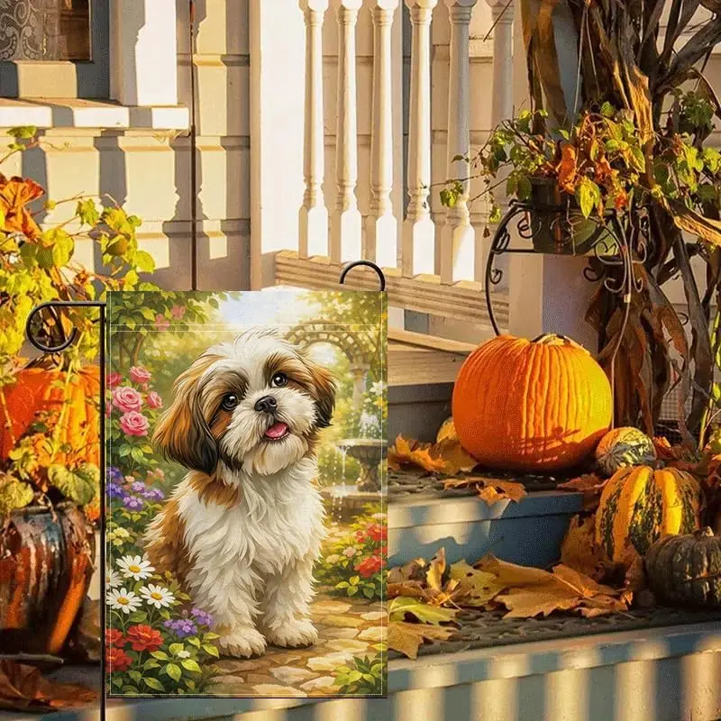 Dog Garden Flag Outdoor Garden Flag Cute Dog Flower Decoration Flag Double sided Durable Polyester Weather resistant Courtya cci